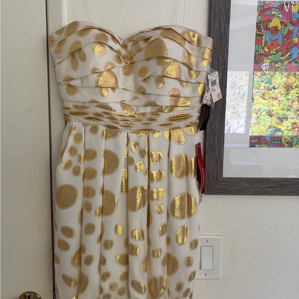Aidan Mattox White and Gold Strapless Dress